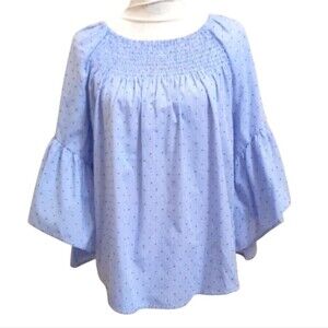 Boho Blue Bell Sleeve Smocked Flocked Blouse Sz S/P